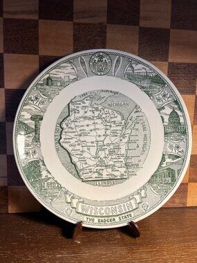 Vintage Green and White Wisconsin State Map Plate